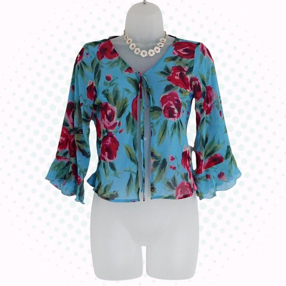 Vintage Chelsea & Violet Rose Print Blue & Red Tie-Front Silk Cardigan Size S